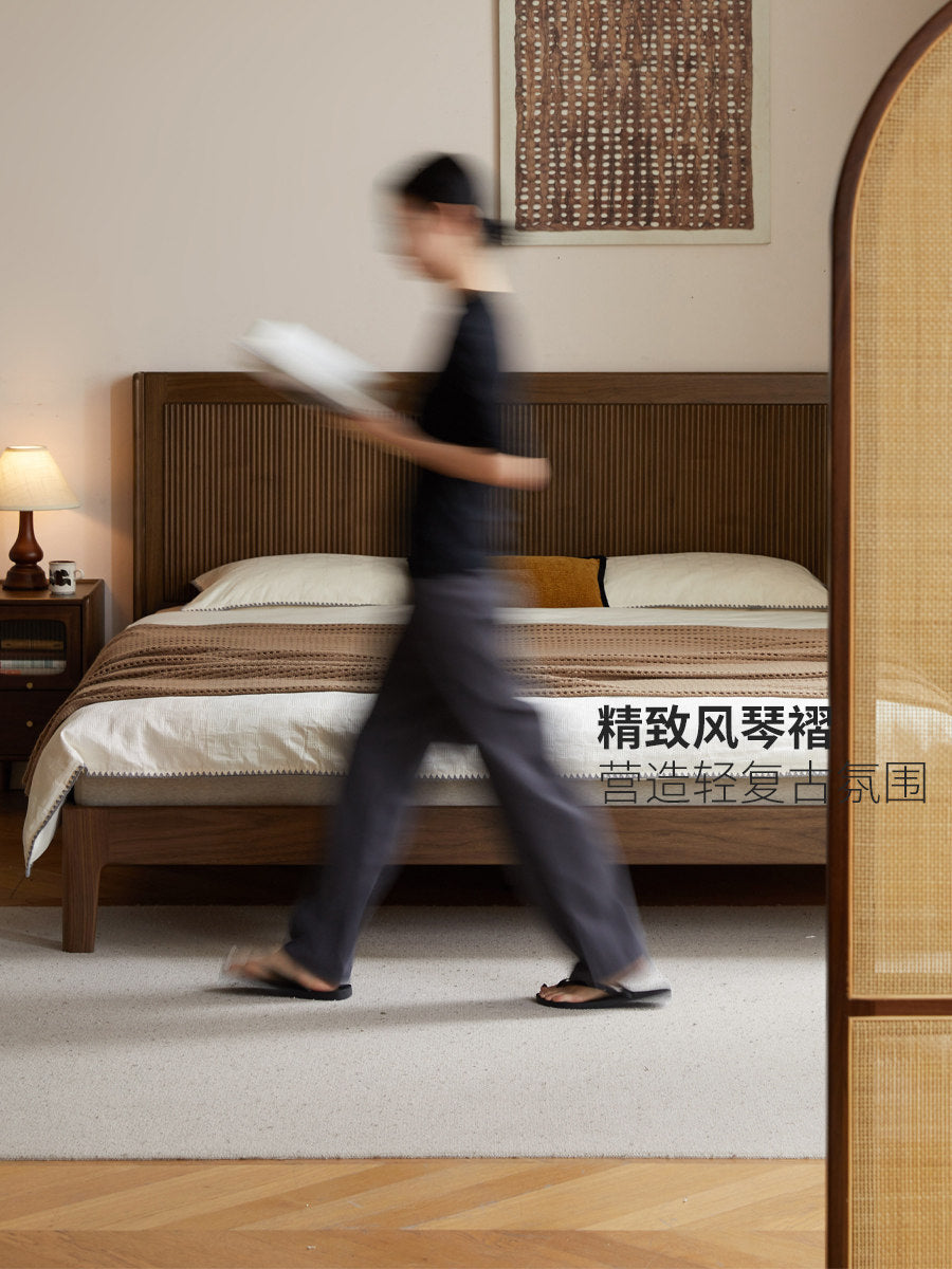 实木床意式轻奢大板床卧室黑胡桃木双人床复古风大床
